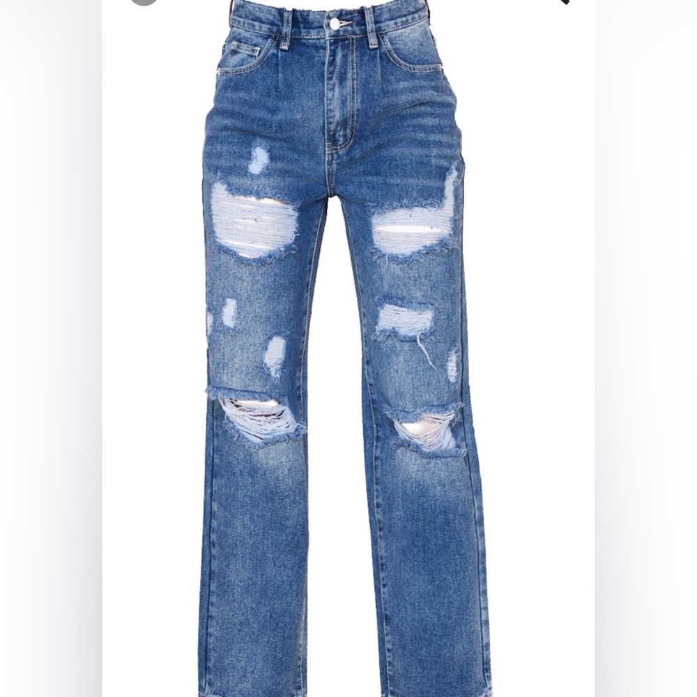 Mid Blue Wash Seam Waistband Detail Distressed Long Leg